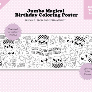 Könnte beinhalten: Eine schwarz-weiße druckbare Malvorlage mit einem Geburtstagskuchen mit einem karierten Muster und dem Text "Möge dein Geburtstag mit Magie gefüllt sein". Die Vorlage ist als Tischläufer gedacht.