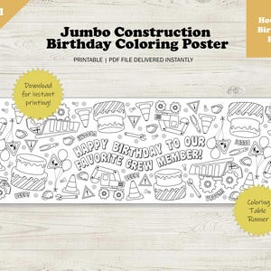 Könnte beinhalten: Schwarz-weißes druckbares Malposter mit Bauthema. Das Poster lautet "Happy Birthday to our Favorite Crew Member!" und enthält Bilder von Baumaschinen, Werkzeugen und einer Geburtstagstorte.