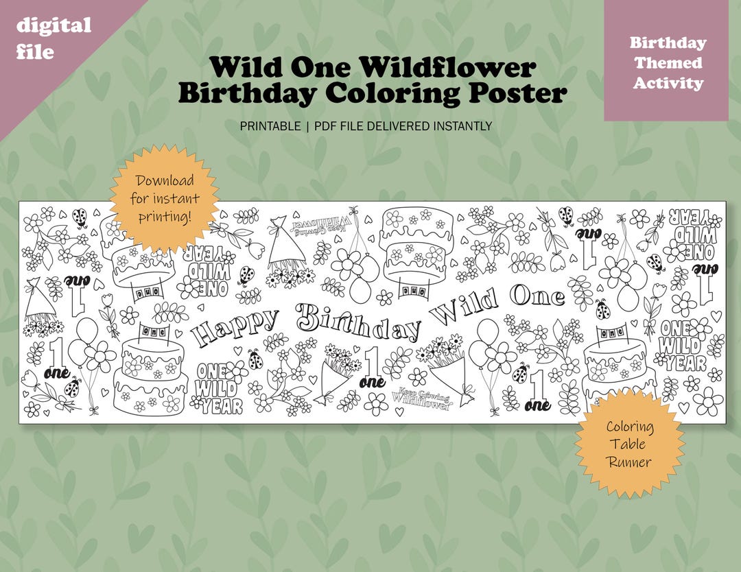 Wild One Birthday Coloring Table Runner for 1st Birthday Wildflower ...