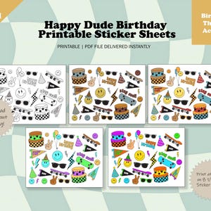 Happy Dude verjaardag afdrukbaar stickervel Skater Dude verjaardag sticker Happy Dude verjaardag gunst afdrukbare activiteit voor kinderen kleuroptie