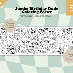 Cool Dude Birthday Coloring Table Runner Happy Dude Birthday Day Poster Super Rad Birthday Party Activity Birthday Party Favor Digital File