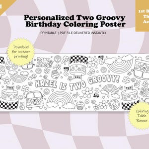 May include: Black and white colouring page featuring a groovy 70s theme with a birthday cake, peace signs, rainbows, and the text "Hazel is Two Groovy!" This printable colouring page is perfect for a first birthday party.