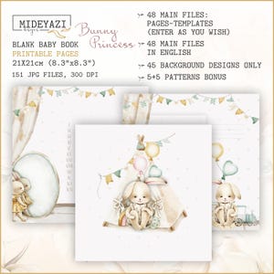 Princesse lapin, livre blanc pour bébé, livre de souvenirs pour bébé, pages de journal imprimables pour bébé fille, livre d'étapes pour bébé, motifs imprimables pour bébé fille