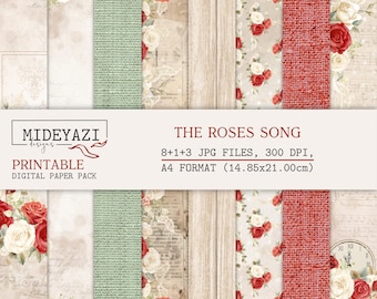 Pacchetto di carte digitali con rose, sfondi con rose rosse, carta per scrapbooking con fiori, motivo con rose rosse, sfondo con texture di tessuto, carta per la creazione di biglietti.