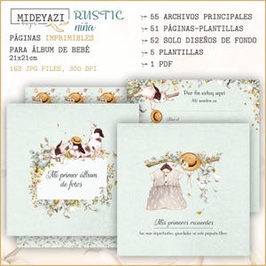 May include: Digital printable baby album pages with watercolor illustrations. The pages feature bunnies, a dress, and floral accents. The album is 21x21cm and includes 163 JPG files. Text includes "Mi primer álbum de fotos" and "Mis primeros recuerdos".