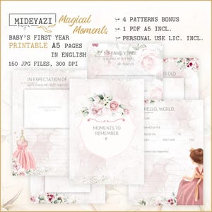 Pode incluir: Um livro de memórias imprimível para o primeiro ano do bebê com ilustrações florais em aquarela. O livro inclui páginas para registrar memórias, fotos e marcos. As páginas são projetadas em um esquema de cores rosa e branco com um delicado padrão floral. O livro está disponível em inglês e inclui 150 arquivos JPG a 300 DPI.