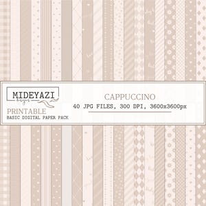 May include: A set of 40 digital paper patterns in beige and white with various geometric and floral designs. The patterns are 3600x3600 pixels and 300 DPI. The text "CAPPUCCINO" is at the top of the image.