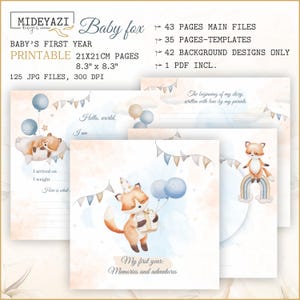 Pode incluir: Um livro de memórias para bebês imprimível com uma ilustração em aquarela de uma raposa usando um chapéu de festa e segurando um presente. O livro inclui páginas para registrar a data de chegada do bebê, seu peso e outros marcos. O livro é projetado para o primeiro ano do bebê e inclui 43 páginas de arquivos principais, 35 páginas de modelos, 42 designs de fundo e 1 arquivo PDF. O livro mede 8,3 polegadas por 8,3 polegadas e inclui 125 arquivos JPG a 300 DPI.