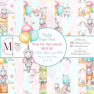 Papier numérique aquarelle pour bébé souris et ballons bleu et rose, petite ville, arrière-plans nature, pages de scrapbooking pour chambre d'enfant, cartes à imprimer