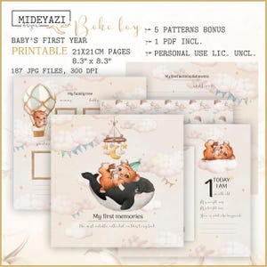 Pages imprimables d'un livre pour bébé, livre de souvenirs pour bébé bohème, journal imprimable pour bébé, livre d'étapes pour bébé, motifs bohèmes imprimables et motifs bohèmes