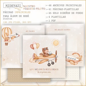 May include: Printable baby album pages with a watercolor theme. The design includes a bear in a plane, hot air balloon, and airplanes with rainbows. The text includes "Nuestro Pequeño Piloto" and "Los Mejores Recuerdos". The pages measure 21x21cm.