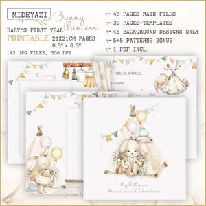 Princesse lapin, pages imprimables d'un livre pour bébé, livre de souvenirs pour bébé, pages de journal bébé imprimables, livre d'étapes bébé, motifs imprimables bébé fille
