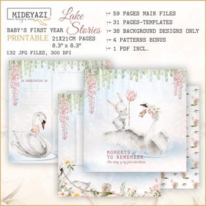 Histoires de lacs pour filles, livre de souvenirs pour bébé du lac des cygnes, pages de journal imprimables, livre d'étapes pour bébé, motifs imprimables cygnes, papiers pour la fabrication de cartes