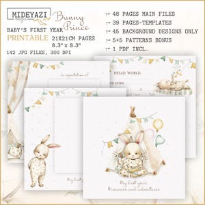 Bunny Prince, pages imprimables d'un livre pour bébé, livre de souvenirs pour bébé, pages de journal imprimables pour bébé, livre d'étapes pour bébé, motifs imprimables pour bébé garçon