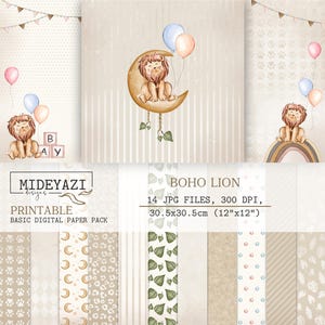 Boho baby digitaal papier, Boho Lion scrapbookingpapier, afdrukbare babyjongen, kinderkamer aquarel achtergrond, Safari patroon, babyshowerpapier