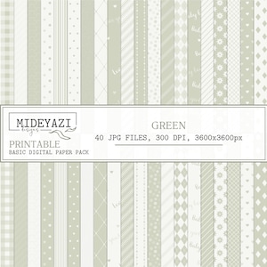 Könnte beinhalten: Ein Set mit 40 digitalen Papiermustern in Grün und Weiß. Die Muster umfassen Streifen, Punkte, Gingham, Herzen und andere Designs. Die Papiere sind 3600x3600 Pixel groß und haben 300 DPI.