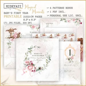 Pode incluir: Um álbum de recortes para o primeiro ano de um bebê com um design floral rosa e verde. O álbum inclui 171 páginas, 4 padrões e um arquivo PDF. As páginas medem 8,3 polegadas por 8,3 polegadas.