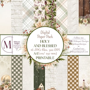 Paquete de papel digital navideño bohemio, patrón sin costuras imprimible con decoración boho, páginas para álbumes de recortes de Navidad, descarga instantánea de flores de Pascua