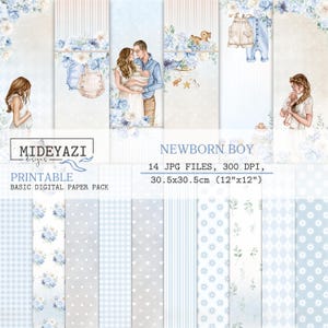 Welcome Baby Digital Papers, Newborn Boy Printable, Scrapbook digital paper pack, Baby Boy Printable, Nursery Watercolor background