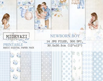 Welkom digitale babypapieren, afdrukbare pasgeboren jongen, digitale papierverpakking scrapbook, afdrukbare babyjongen, kinderkamer aquarel achtergrond