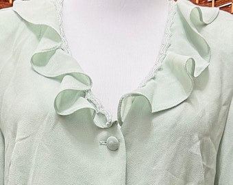 Miss Dorby seafoam green 3/4 sleeve beaded ruffled v-neck 80’s Blouse Split back Sz 12