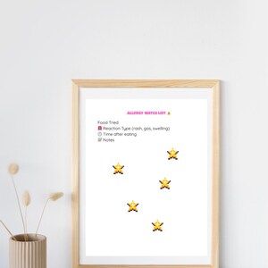 Puede incluir: Un marco de madera que contiene una impresión con el texto "ALLERGY WATCH LIST" en rosa. La impresión incluye secciones para "Food Tried", "Reaction Type" y "Time after eating". Estrellas doradas pixeladas están dispersas.