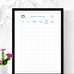 May include: A framed print titled "Diaper & Potty Log" with a black frame. The log has columns for date, time, type, color/texture, notes, and rewards. A diaper icon is at the top left, and a baby icon is at the top right. A small white vase with pink flowers is on the left.