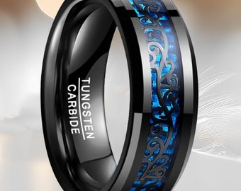 Black tungsten steel ring,Inlaid blue carbon fiber tungsten steel ring,Black Vine Pattern Ring,Engagement Ring Beveled Edges,8mm Ring