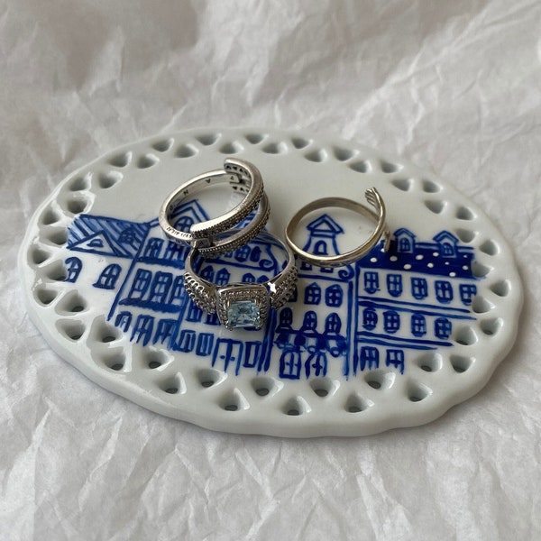 Ceramic Jewelry Dish | Ring Gift | Ceramic City Buildings Set: Dutch Blue Handpainted | Dutch Blue Home Decor