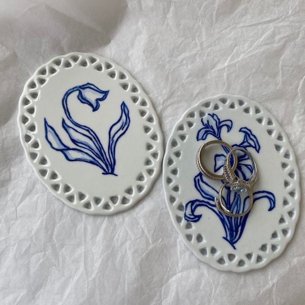 Ceramic Jewelry Dish | Ring Gift | Ceramic Flowers Set: Delft Blue Handpainted | Dutch Blue Home Decor