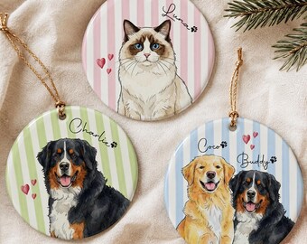 Custom Pet Watercolor Photo Ornament, Personalized Pet Portrait & Name Striped Ornament, Memorial Dog Ornament, Cat Lover Gift, Dog Lover
