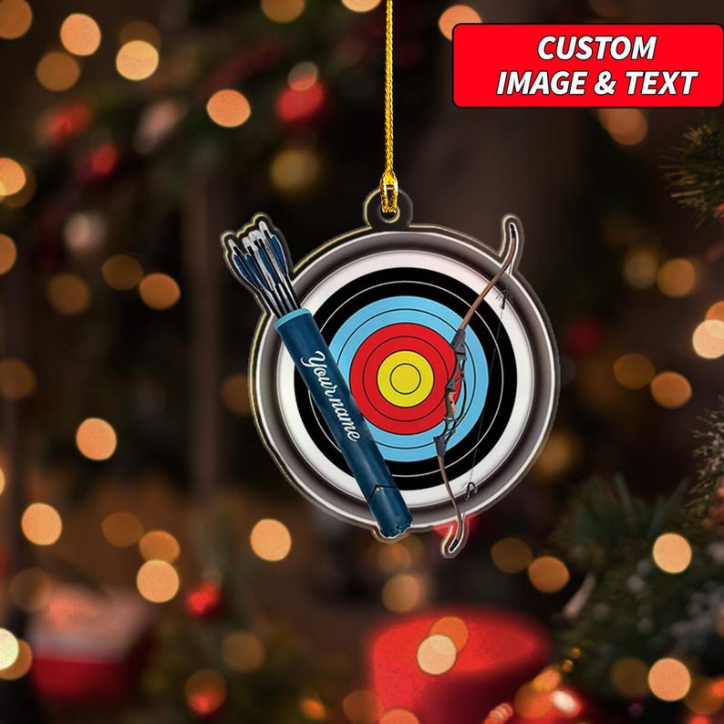 Custom Image and Text Bow and Arrow Ornament, Personalized Archery