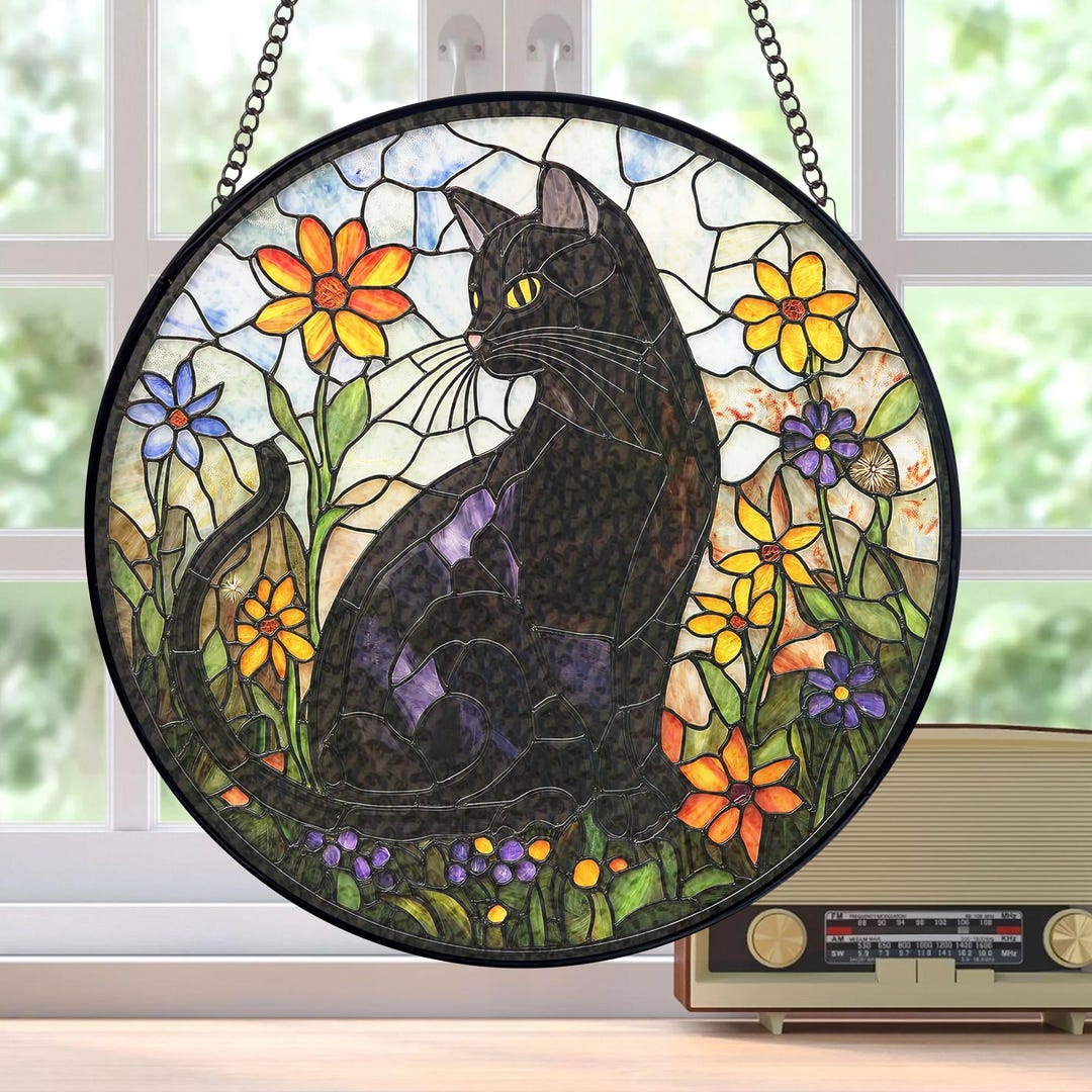 Black Cat Wildflower Stained Glass Suncatcher, Black Cat Window Hanging ...