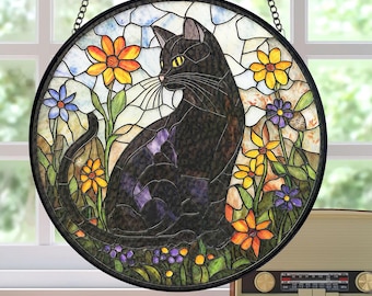 Black Cat Wildflower Stained Glass Suncatcher, Black Cat Window Hanging for Cat Lover Gift, Animal Window Hanging Art, Black Cat Lovers Gift