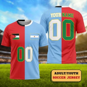 May include: A split-design soccer jersey featuring a red side with the Jordan flag and a light blue side with the Argentina flag. The front displays the number 00. The back features the text YOUR NAME above the number 00 in a split color scheme.