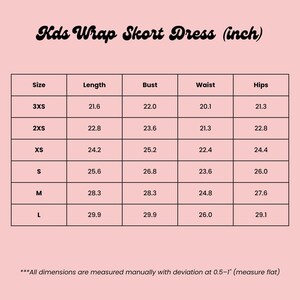 The image is a table with measurements for different sizes of wrap skirt dresses, including bust, waist, hips, length, and bust. The table provides the corresponding measurements for each size, ranging from 3XS to L. The image does not contain any text that is not described in the provided guidelines, and the image description should not include any redundancy or vague wording.