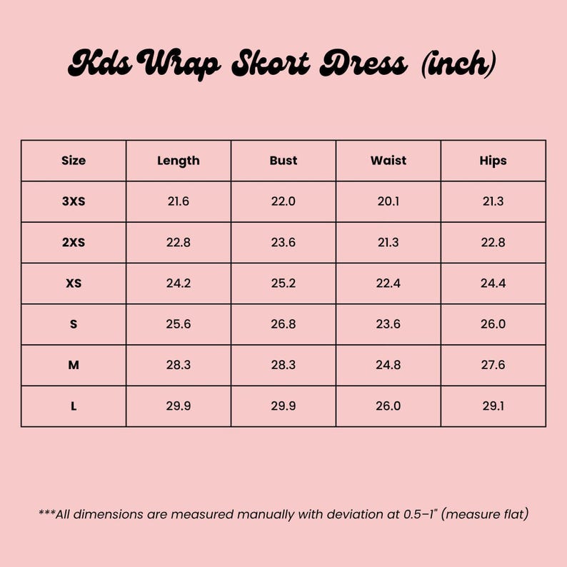 The image is a table with measurements for different sizes of wrap skirt dresses, including bust, waist, hips, length, and bust. The table provides the corresponding measurements for each size, ranging from 3XS to L. The image does not contain any text that is not described in the provided guidelines, and the image description should not include any redundancy or vague wording.