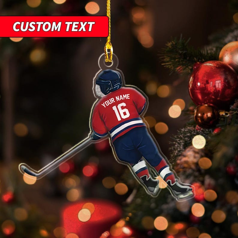 Personalized Ice Hockey Player Ornament, Custom Name Hockey Ornament