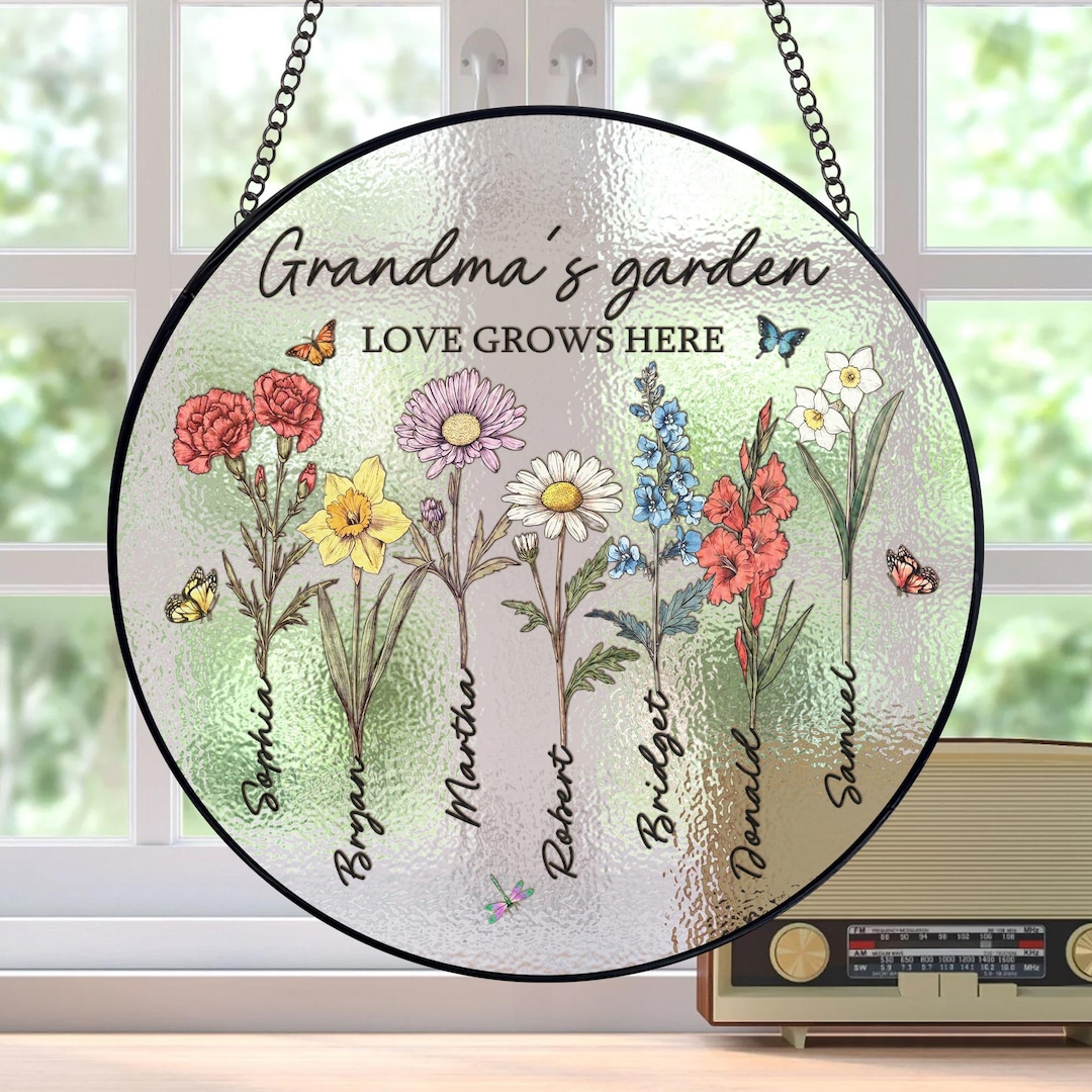 Custom Grandma Love Grows Here Suncatcher, Personalized Grandmas Garden ...