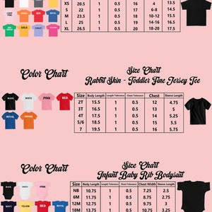 May include: Image featuring color and size charts for youth t-shirts, toddler fine jersey tees, and infant baby rib bodysuits. Charts include size, body length, chest, and sleeve length measurements in inches. Color swatches are also displayed.