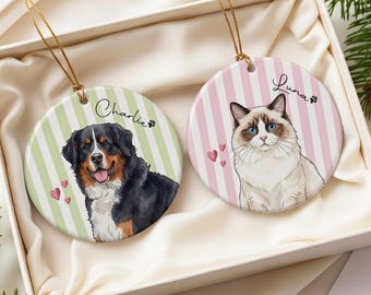 Custom Pet Watercolor Photo Ornament, Personalized Pet Portrait & Name Striped Ornament, Memorial Dog Ornament, Cat Lover Gift, Dog Lover