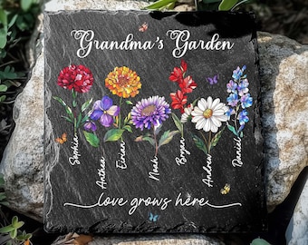 Grandma Garden Stone Decor with Names, Personalized Mothers Day Gifts for Grandma with Grandkid's Birth Flower Month Gift Heart Shape