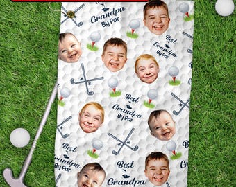 Personalized Grandkids Photo Golf Towels, Custom Face Best Grandpa By Par Golf Towel, Father's Day Gift For Dad, Grandpa, Golf Lover Gifts
