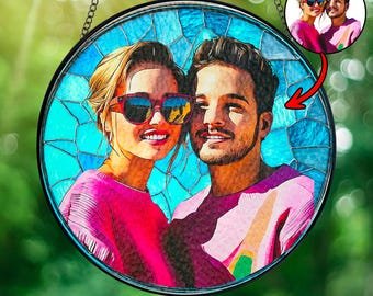Personalized Couple Portrait Stained Glass Suncatcher, Custom Family Portrait From Photo Window Hanging, Gift For Family