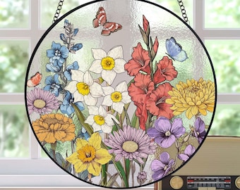 Custom Family Birth Flowers Stained Glass Suncatcher, Personalized Mom&#39;s Garden Gift, Birth Month Flower Glass Art Gift, Mother&#39;s Day Gift