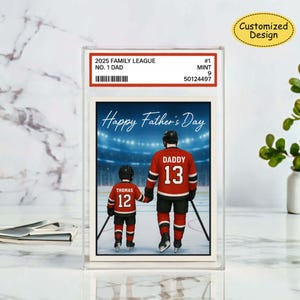 Plaque acrylique de style carte à collectionner de hockey sur glace pour papa et enfants, Plaque acrylique personnalisée pour la fête des pères, Bloc acrylique familial personnalisé