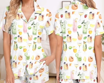 Cocktail Print Short Pajamas, Alcohol Drinks Short Pajamas, Girls Weekend Outfit, Gift for Her, Margarita Pjs for Her, Margarita Pajamas Set