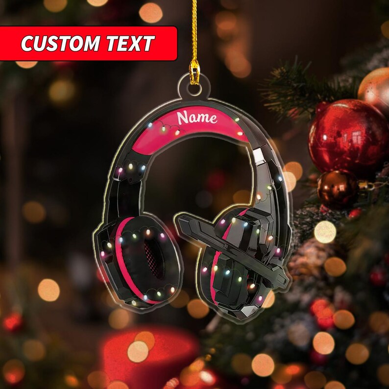 Custom Name Head Phones Christmas Light Shape Flat Ornament, Gaming