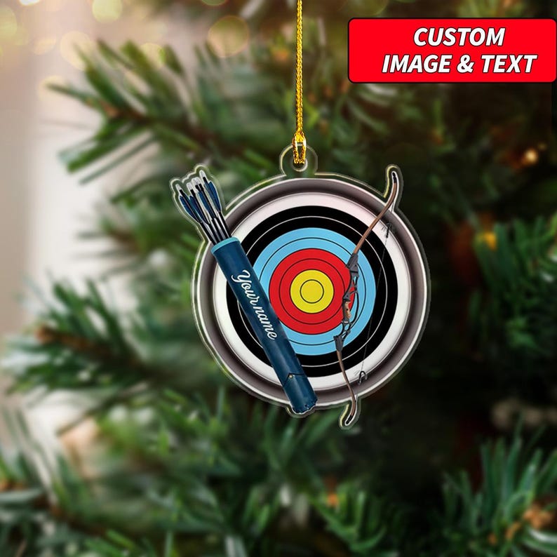 Custom Image and Text Bow and Arrow Ornament, Personalized Archery