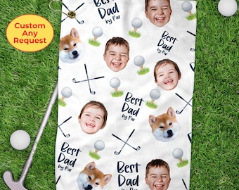 Custom Kid Face Photo Portrait Best Dad By Par Golf Towels, Personalized Golf Towels With Photo For Dad, Father's Day Gift, Golf Lovers Gift